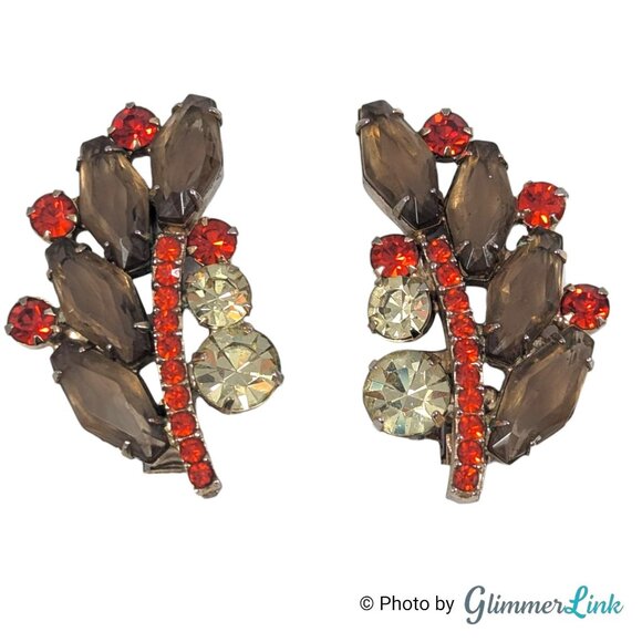 Vintage Juliana D&E Rhinestone Climber Clip On Earrings Smoky Topaz Orange - Picture 1 of 10